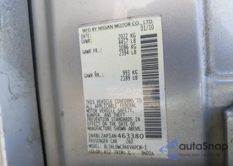 2010 Nissan Altima 3.5 Sr z USA, uszkodzony, nr VIN 1N4BL2AP1AN463380